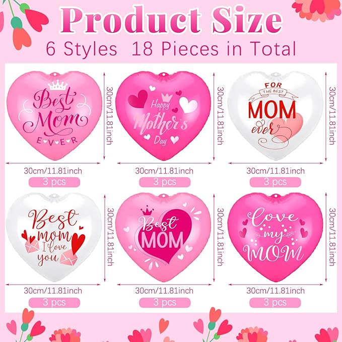 18 Pcs Happy Mother's Day Inflatable Heart Yard Decorations Large Mother's Day Heart Inflatable Hanging Ornament Giant PVC Outdoor Decoration for Mothers Day Garden Lawn Party