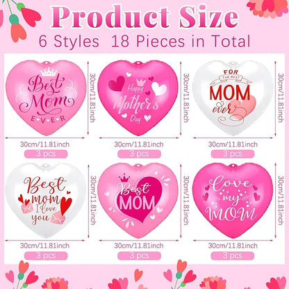 18 Pcs Happy Mother's Day Inflatable Heart Yard Decorations Large Mother's Day Heart Inflatable Hanging Ornament Giant PVC Outdoor Decoration for Mothers Day Garden Lawn Party