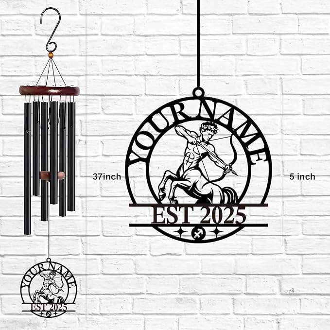 Personalized Customize Name 12 Zodiac Signs Wind Chime, Metal Iron 37 Inch Outdoor Memorial Gift for Garden Yard Patio Home Decor, Black (Sagittarius)