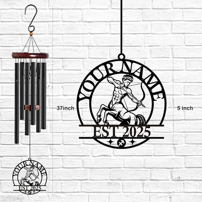 Personalized Customize Name 12 Zodiac Signs Wind Chime, Metal Iron 37 Inch Outdoor Memorial Gift for Garden Yard Patio Home Decor, Black (Sagittarius)