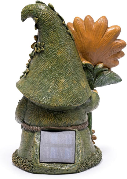 basen Solar Garden Gnome with Glowing Daisy Flower, Outdoor Solar Gnome Figurine for Yard Lawn Patio, Hand-Painted Resin Garden Statue Decor with LED Light for Landscape, Garden Ornament Gift