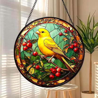 Funoasis Stained Glass Window Hanging 6.3 Inches Suncatcher - A Canary Inhabits Between Branches and Leaves with Red Fruits Ornaments Sun Catcher Home Decor Women Birthday