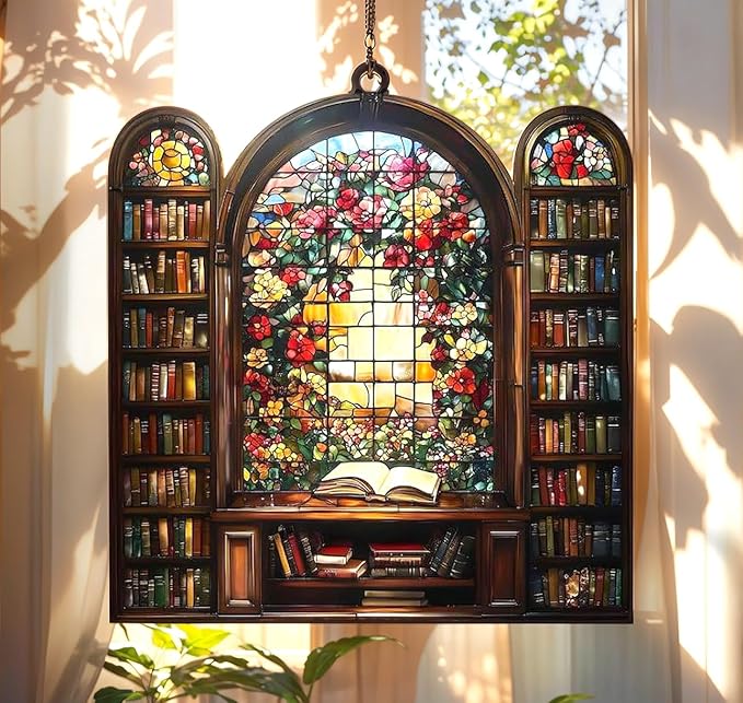 Floral Bookshelf Acrylic Suncatcher, Bookish Suncatchers for Window Hanging Ornament, Art Garden Decor for Book Lover Bookworm Reader, Gifts for Mother's Day, Mom, Grandma, Wife, Women, Nana