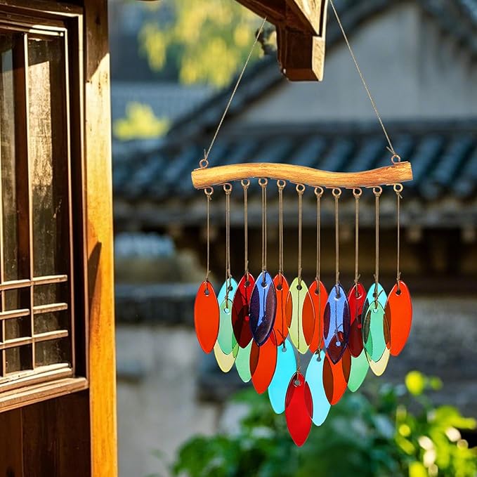 Color Leave Glass Wind Chimes for Outside, Fall Leaves Windcmes Outdoors Unique Suncatcher, Small Sea Glass Art Wind Chimes Outdoor Gifts for Women, Hanging Outdoor Garden Christmas Decoration Gift