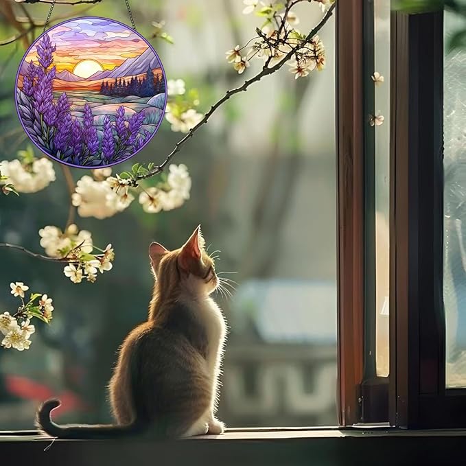 Suncatcher Lavender Stained Glass Suncatchers Stained Glass Ornament for Home Decor Indoor Wall Art Gift for Mother Women Friends (Lavender, M)
