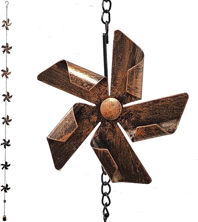 Long Decorative Metal Rain Chain with 8 Windmill Functional Replacement for Gutters Downspouts, Outdoor Garden Rainwater Collector, Easy Installation, Durable Artistic, Adds Curb Appeal to Your Home