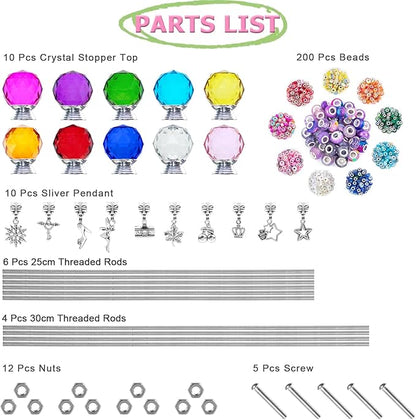 247 PCS Beaded Garden Stakes Kit, DIY Fairy Wand Garden Stake Beads Kits with Assortment Large Hole Beads 10 Crystal Stopper Top Threaded Rods and 10 Silver Pendants for Outdoor Indoor Decor