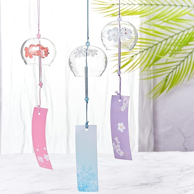 BENECREAT 3PCS Japanese Wind Chimes Pink/Blue/Purple Glass Wind Bells Handmade Pendants for Birthday Gift and Home Decoration