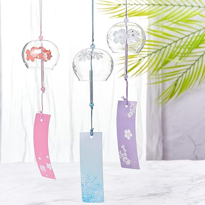 BENECREAT 3PCS Japanese Wind Chimes Pink/Blue/Purple Glass Wind Bells Handmade Pendants for Birthday Gift and Home Decoration
