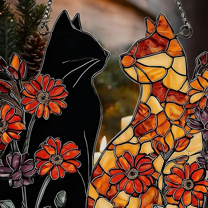 Warm Mosaic Cat Floral Art Acrylic Suncatcher Stained Glass Effect Window Car Hanging Christmas Ornament Indoor Outdoor Decor Garden Sun Catcher Panel for Valentine's Day Lover for Women Mom Grandma
