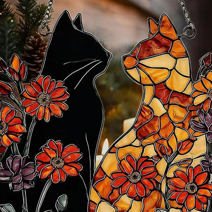 Warm Mosaic Cat Floral Art Acrylic Suncatcher Stained Glass Effect Window Car Hanging Christmas Ornament Indoor Outdoor Decor Garden Sun Catcher Panel for Valentine's Day Lover for Women Mom Grandma