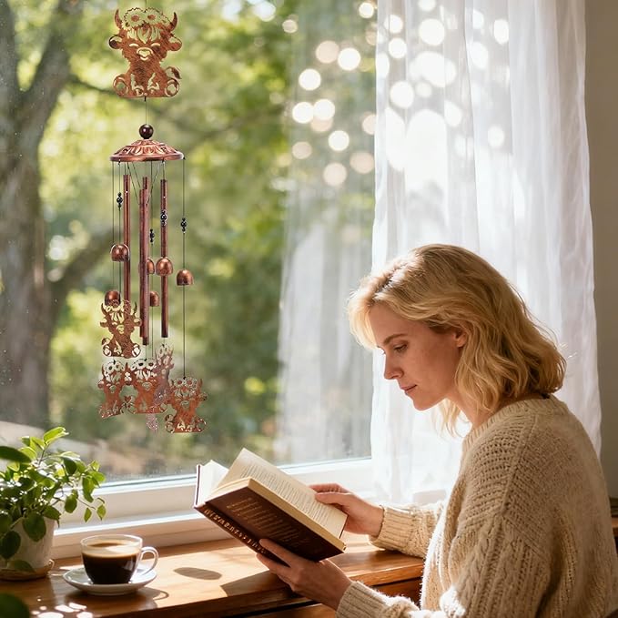 Highland Cow Wind Chimes - Metal Windchime Outdoor Indoor Decor Cows Gifts for Women Men Mom Grandma Animal Lover Garden Lawn Patio Yard Porch Home Decoration Birthday Christmas Memorial Gift
