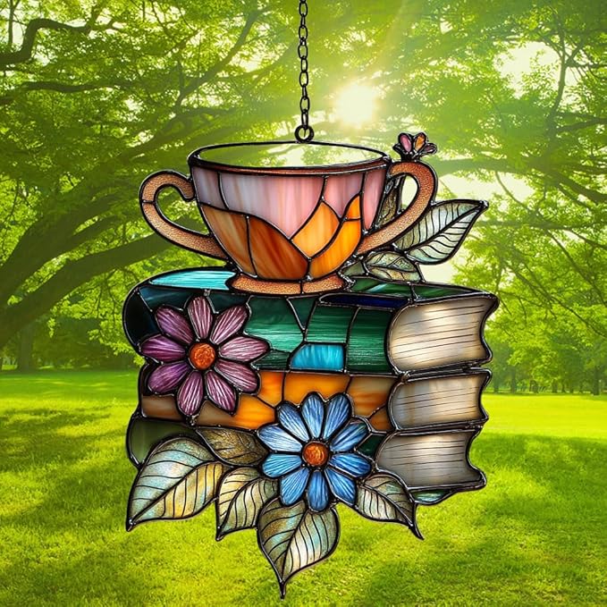Floral Books and Tea Acrylic Suncatcher Stained Glass Effect Window Car Hanging Christmas Ornament Indoor Outdoor Decor Garden Sun Catcher Panel for Book Lover for Women Mom Grandma