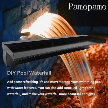 Pamopamo Pond Waterfall Spillway Pool Fountain Water Feature, Black Stainless Steel Outdoor Fountains, Swimming Pool Water Flow Waterfalls Kit for Garden Patio Ponds-35.4"x7.8"x3.9"(NO Light)