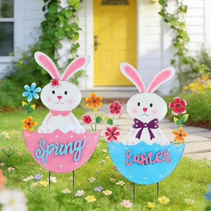 2 Pack Easter Rabbit Outdoor Decor - Spring Bunny Yard Signs with 3D Letters Metal Easter Bunny Lawn Stakes for Garden Pathway Easter Party Decor