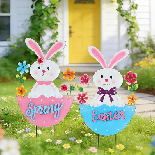 2 Pack Easter Rabbit Outdoor Decor - Spring Bunny Yard Signs with 3D Letters Metal Easter Bunny Lawn Stakes for Garden Pathway Easter Party Decor