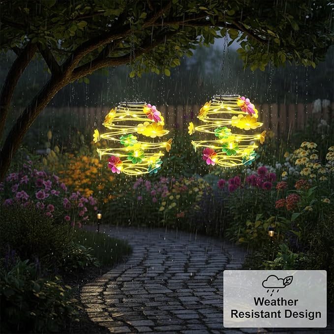 2 Pack Solar Lanterns Outdoor Waterproof , 30LEDs Hanging Solar Lights with Flower for Garden Patio Yard Decor, Gift for Grandma Gardeners Women