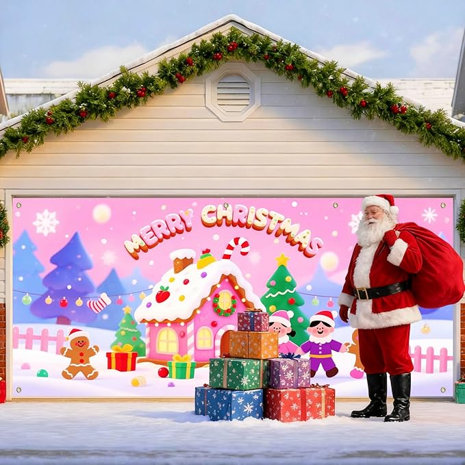 IVN Christmas Garage Door Cover Decoration 13x6ft Gingerbread House Candy Village Pink Snow Scene Merry Christmas Garage Door Banner Home Door Front Yard Decor for Xmas Eve Holiday Outdoor