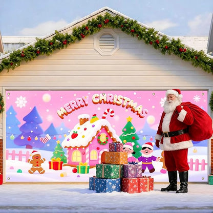 IVN Christmas Garage Door Cover Decoration 13x6ft Gingerbread House Candy Village Pink Snow Scene Merry Christmas Garage Door Banner Home Door Front Yard Decor for Xmas Eve Holiday Outdoor