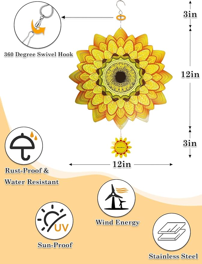 Sunflower Wind Spinners Outdoor Garden Decor for Outside - 12 Inch 3D Stainless Steel Metal Wind Spinners - Sunflower Gardening Gifts for Women, Yard Decorations Outdoor Hanging Decor