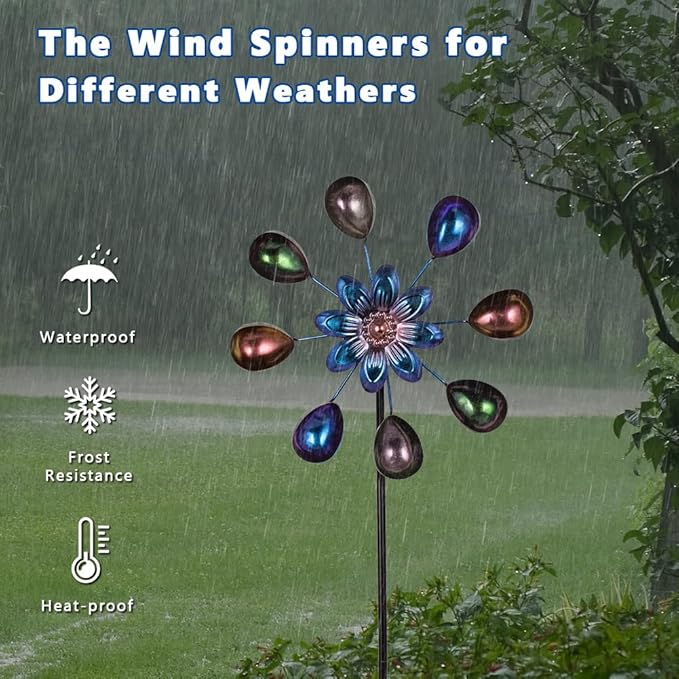 DREAMYSOUL Wind Spinners Outdoor, 10" Dia Colorful Metal Pinwheels for Yard and Garden, Kinetic Wind Sculptures & Spinner Outside (Purple Flowers)