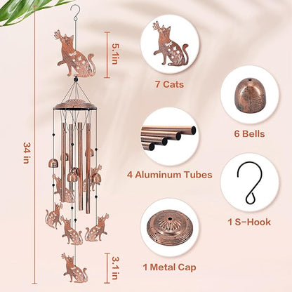 Cat Wind Chimes Outdoor Cat Gifts for Women/Men/Mom/Grandma/Wife/Friends Birthday Gifts Memorial Gift Metal WindChimes for Outside/Indoors, Home, Lawn, Porch, Patio, Garden Decor, Yard Decorations