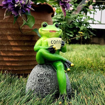 OwMell Frog Statue for Garden, Green Frog Figurine for Outdoor Decor Yard and Garden Decoration Resin Sculpture 6 Inches - Drinking Coffee