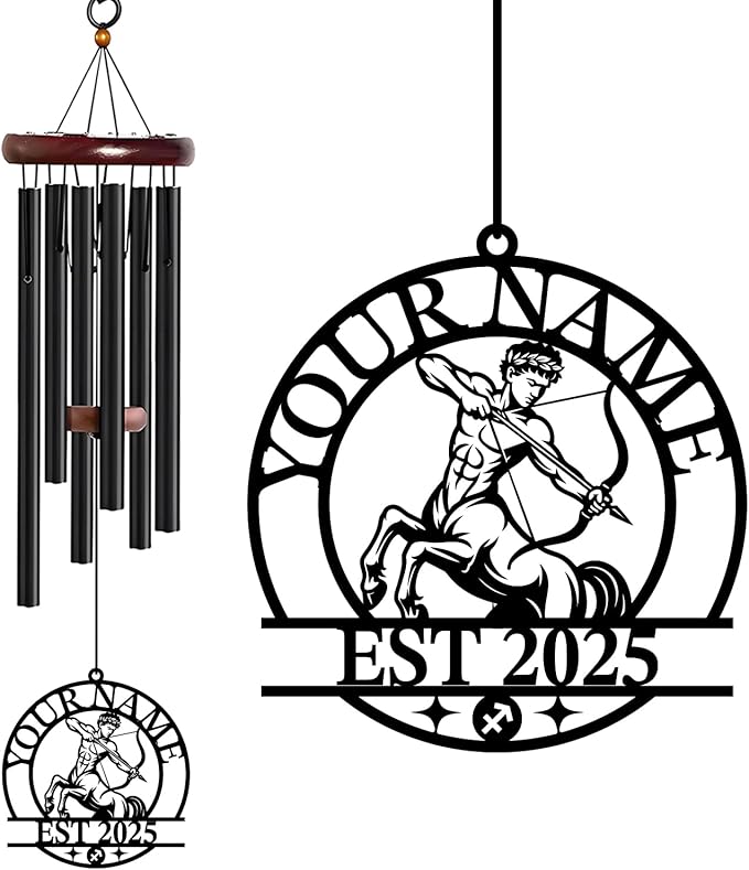 Personalized Customize Name 12 Zodiac Signs Wind Chime, Metal Iron 37 Inch Outdoor Memorial Gift for Garden Yard Patio Home Decor, Black (Sagittarius)
