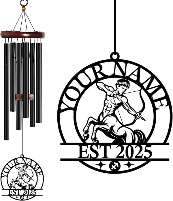 Personalized Customize Name 12 Zodiac Signs Wind Chime, Metal Iron 37 Inch Outdoor Memorial Gift for Garden Yard Patio Home Decor, Black (Sagittarius)