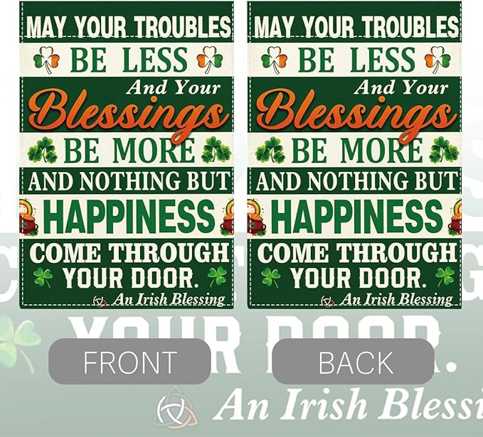 St Patricks Day Irish Blessing Garden Flag Lucky Shamrock Irish March Garden Flag Happy St Patricks Day Double Sided Outdoor House Flag for Outside Yard Decorations 12×18 Inch