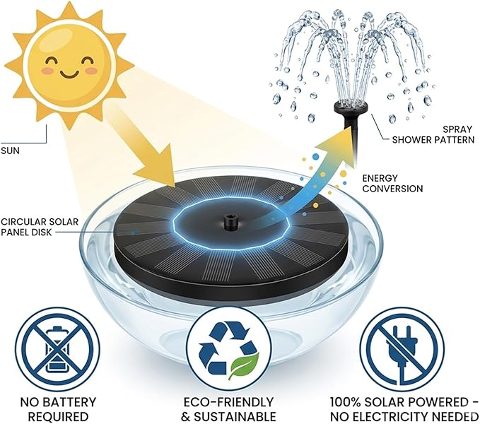 Solar Bird Bath Fountain Pump, Solar-Powered Bird Fountains, 2.5w Solar Fountain Pump with 6 Nozzles for Pond, Pool, Garden, Fish Tank (16 cm with Light)