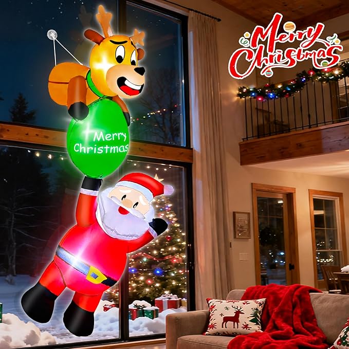 6 Ft Hanging Christmas Inflatables, Reindeer Pulling Gift with Climbing Santa Window Funny Blow Up Outdoor Christmas Decorations with Built-in LEDs Lights for Xmas Yard Lawn Home Roof Holiday Display