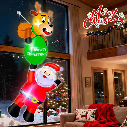 6 Ft Hanging Christmas Inflatables, Reindeer Pulling Gift with Climbing Santa Window Funny Blow Up Outdoor Christmas Decorations with Built-in LEDs Lights for Xmas Yard Lawn Home Roof Holiday Display