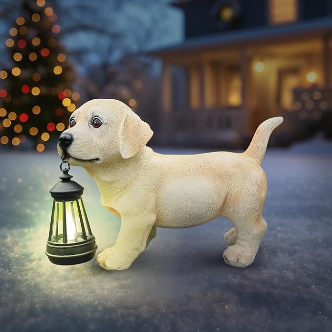 Outdoor Labrador Dog Statue with Interchangeable Welcome Sign and Detachable Solar Lantern –LED Light Garden Dog Sculpture Décor, Cute Puppy Design for Yard, Porch, Gift