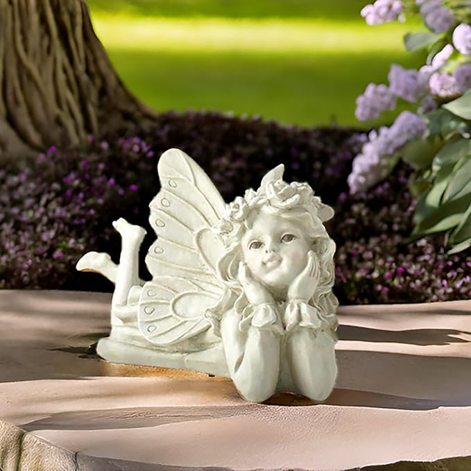 Whimsical Angel Garden Statue – Hand-Painted Laying Fairy Figurine for Yard, Patio or Flower Bed – Resin Outdoor Decoration (10.2” Long)