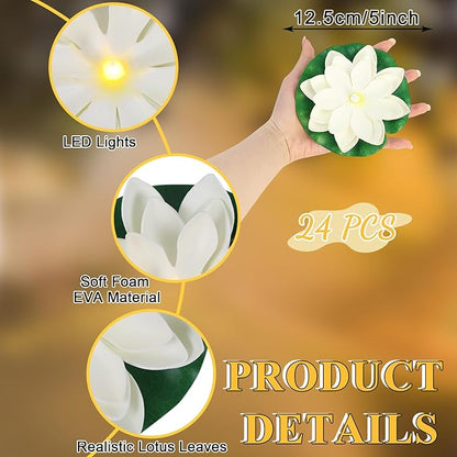 LACGO 24 PCS Waterproof Floating Lotus Lights - 5 Inch Floating Pool Flowers Battery Operated Water Activated Warm White Pool Flower Lights Wedding Anniversary Garden Decoration