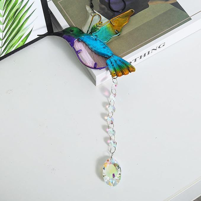 Hummingbird with Crystal Sun Catcher,Stained Glass Bird Suncatchers for Windows Hanging,Crystal Suncatcher Prism Hanging Ornament for Home Garden Party Decoration(Blue)