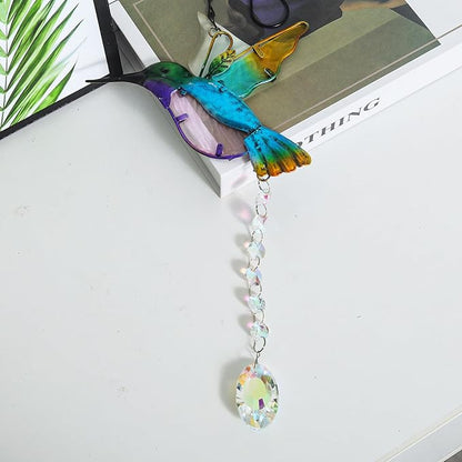 Hummingbird with Crystal Sun Catcher,Stained Glass Bird Suncatchers for Windows Hanging,Crystal Suncatcher Prism Hanging Ornament for Home Garden Party Decoration(Blue)