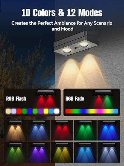 Solar Fence Lights Outdoor Waterproof LED,12 Pack RGB Fence Solar Lights, 12 Modes Color Changing Outside Lightings Decor for Wall Railing Patio Deck Backyard Garden Pool