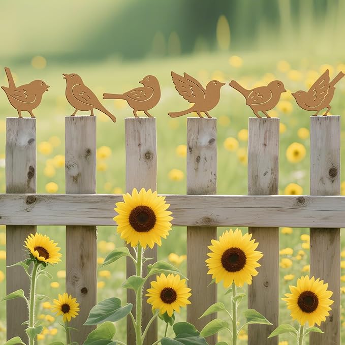 6PCS Rusty Metal Birds Decor, Outdoor Bird Wall Art Decor for Fence, Yard, and Patio, Metal Birds Craft Statue Ornaments, Bird Sculptures for Outdoor Garden Decoration Rustic Decoration