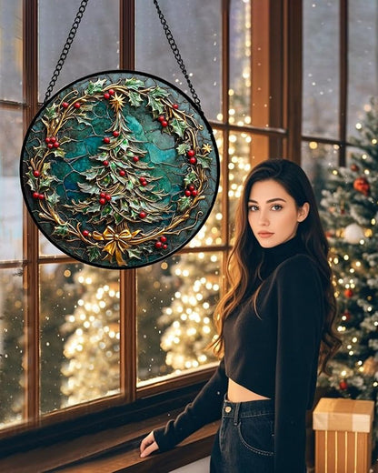 DASTOLL Stained Glass Window Hangings - Red Gold Green Wreath Suncatcher for Door Home Christmas Tree Decoration Sun Catcher Thanksgiving New Year Birthday Gift for Women Men Mom Grandma 11.8 in