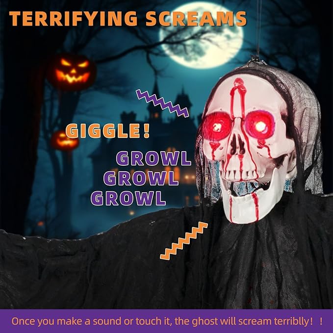 Kendane Halloween Decorations Outdoor and Indoor,67" Scary Hanging Ghosts,Halloween Grim Reaper Skeleton with Light-Up Eyes and Creepy Sound,Party Decorations for Yard,Haunted House Decor