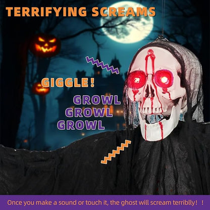 Kendane Halloween Decorations Outdoor and Indoor,67" Scary Hanging Ghosts,Halloween Grim Reaper Skeleton with Light-Up Eyes and Creepy Sound,Party Decorations for Yard,Haunted House Decor