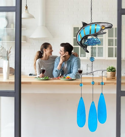 CoTa Global Shark Wind Chime - Handmade Glass and Metal Chime - Ocean Life Hanging Decor - Colorful Home Decor Gift, Indoor and Outdoor Hanging Decoration for Porch, Patio, and Garden - 27 Inches