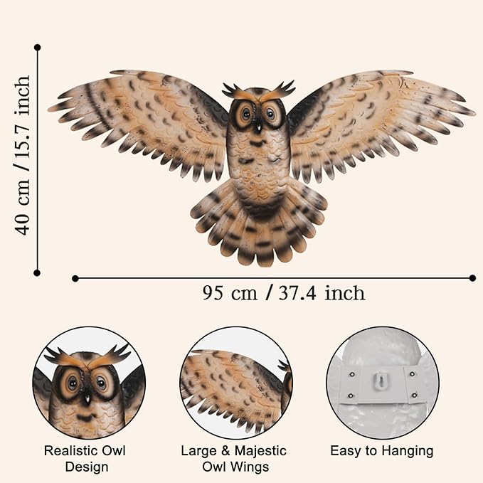 JJALIGHTS 37" Large Metal Owl Wall Art Outdoor Indoor Decor - Flying Owl Wall Hangings for Garden Patio Home Bedroom Office Decoration
