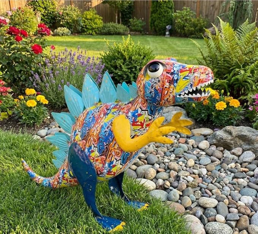 Colorful Metal Stegosaurus Dinosaur Garden Statue - Abstract Graffiti Pattern, Patio and Lawn Sculpture Ornament Yard Art, Indoor Home Decoration, Outdoor Fun