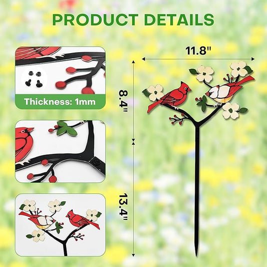 Cardinal Decor Red Bird Figurine Metal Garden Stake Cardinal Bird Decorative Red Cardinal on Branch Outdoor Decor for Balcony, Yard, Lawn Gift for Mom, Bird Lover