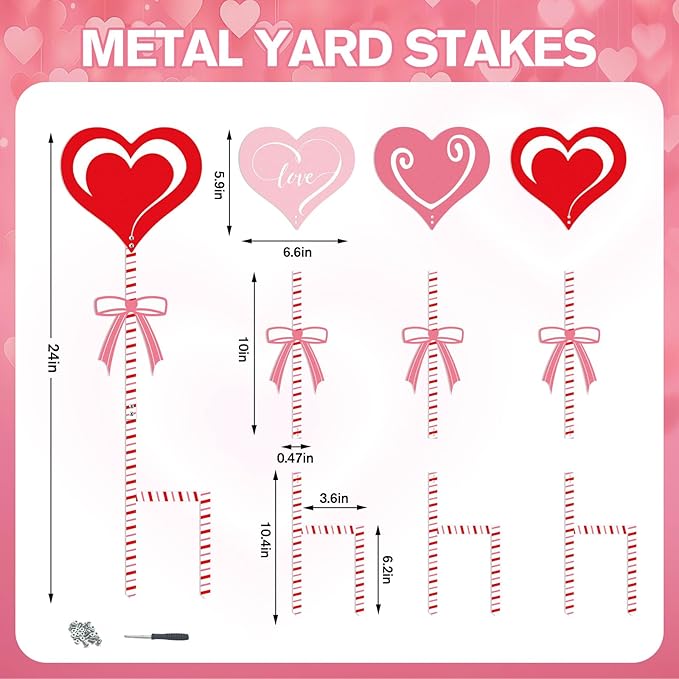 3 Pcs 24" H Valentine Yard Signs 5.9 * 6.6inch Metal Heart Valentine's Day Metal Garden Stakes Valentines Love Heart Outdoor Decorations for Patio Lawn Planter Pot Pathway Walkway Wedding Decor