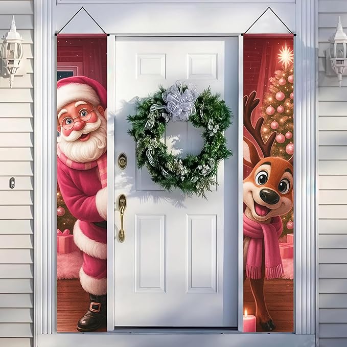 BlissYard Christmas Porch Banners 12x71 Inch Merry Christmas Banner Snowflakes Reindeer Pink Santa Door Cover Winter Holiday Banner Xmas Door Decor Welcome Hanging Signs for Front Door Porch Outdoor Home Party Decorations