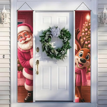 BlissYard Christmas Porch Banners 12x71 Inch Merry Christmas Banner Snowflakes Reindeer Pink Santa Door Cover Winter Holiday Banner Xmas Door Decor Welcome Hanging Signs for Front Door Porch Outdoor Home Party Decorations